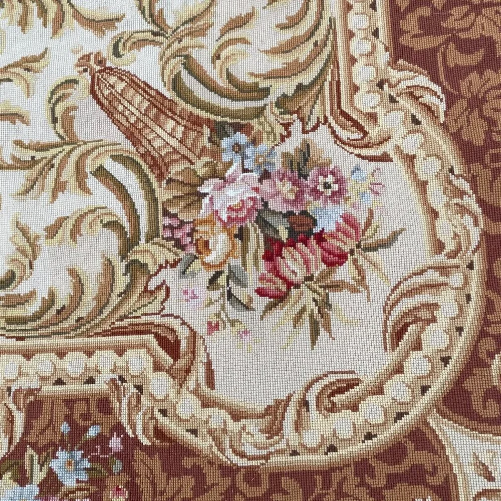 Vtg Aubusson-Style Needlepoint Floral Tapestry Rug Baroque No Backing Pink Brown